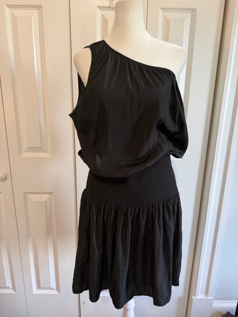 Ramy Brook One Shoulder Silk Dress Ruched Waist Black Size Large